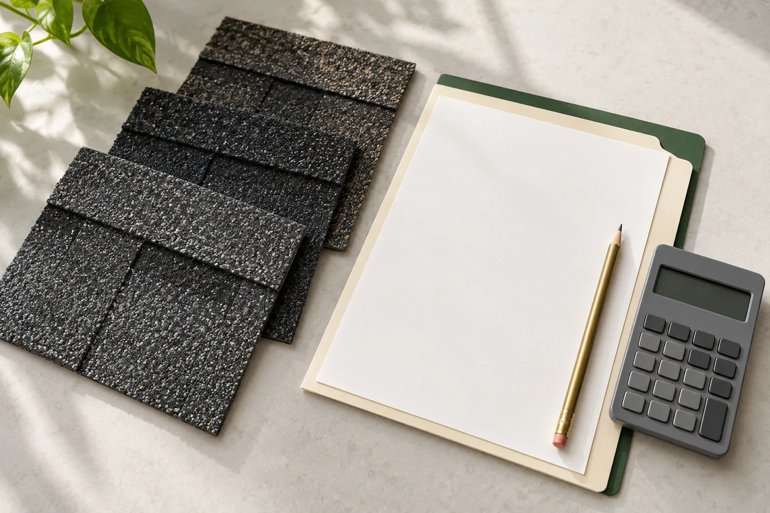 Illustration of asphalt shingle samples, a blank planning folder and calculator