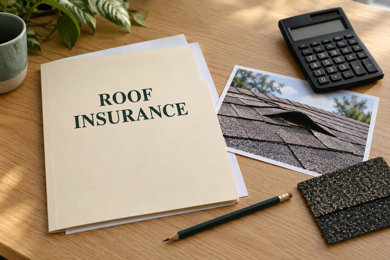 Illustrative roof-insurance folder with a roof-condition photograph and calculator