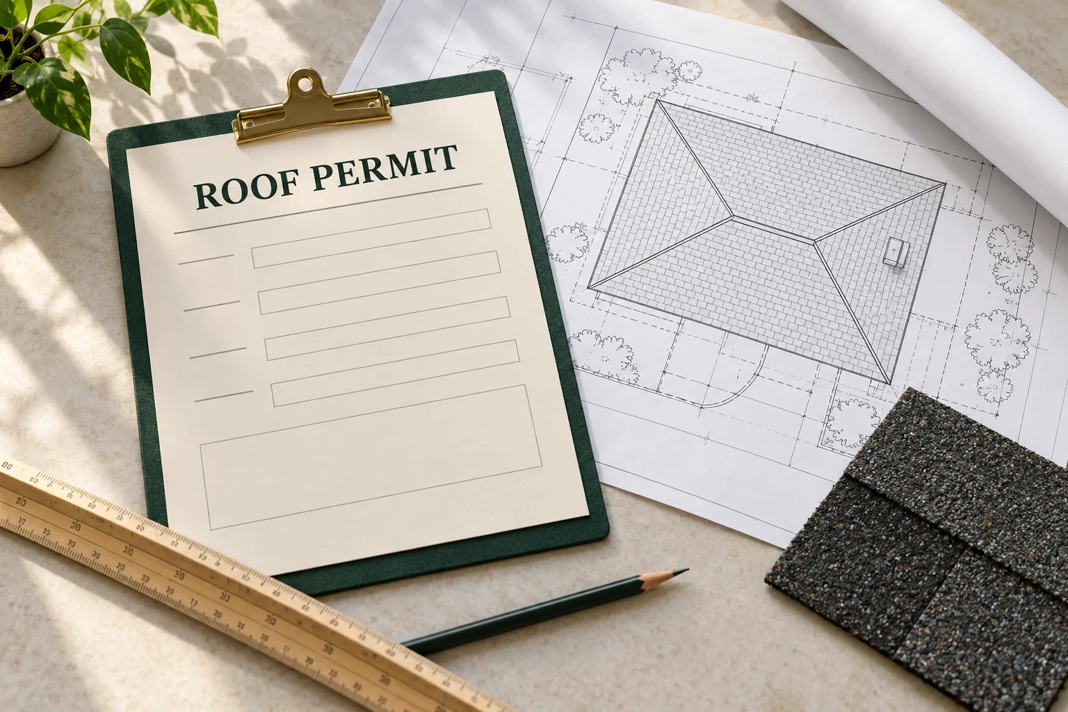 Illustrative roof-permit clipboard with blank fields, roof drawing and drafting tools