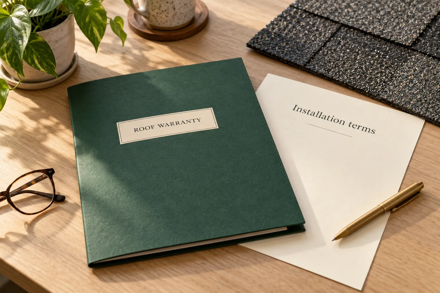 Illustrative roof-warranty folder, installation-terms sheet and shingle sample