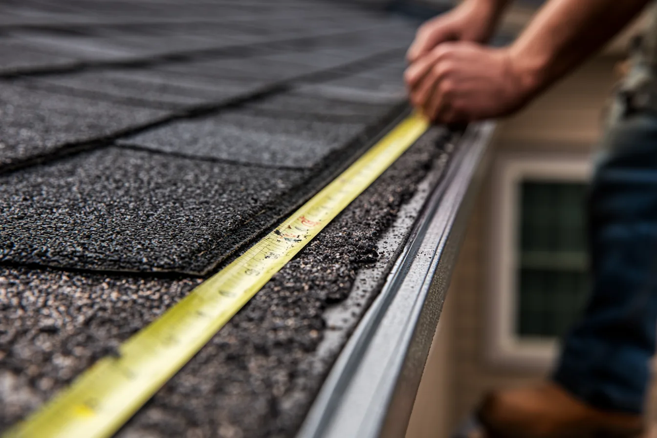 A tape measure runs along asphalt shingles at a roof edge